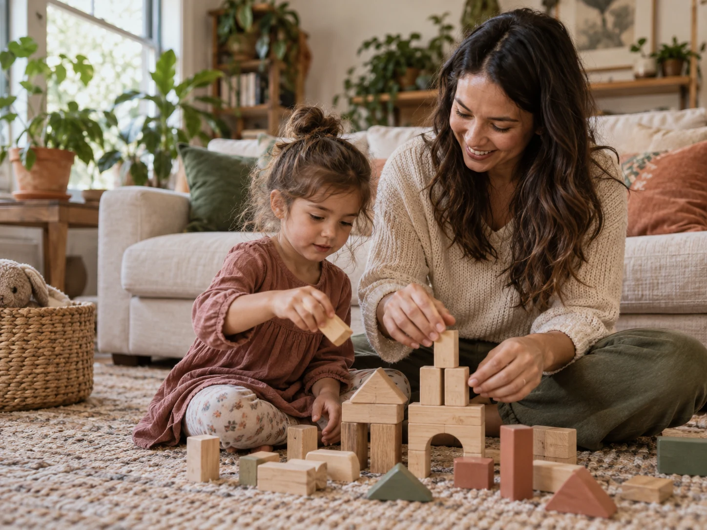 A parent and child playing with wooden blocks together