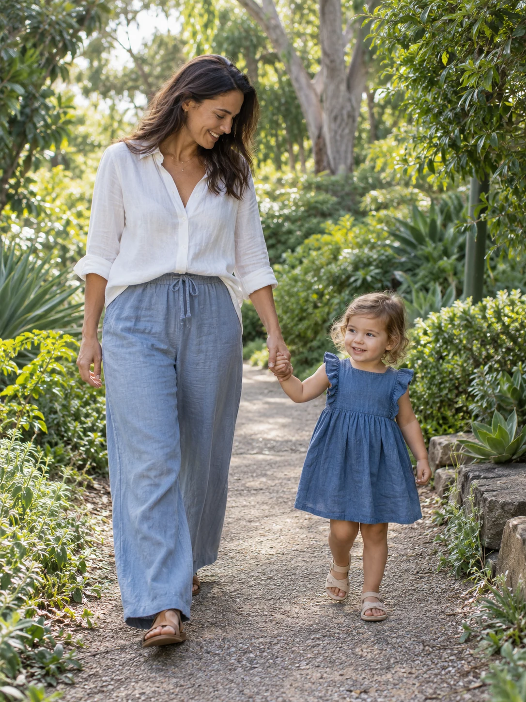A parent and toddler walking together in a leafy garden